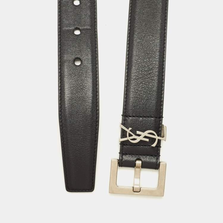 Pre Owned Saint Laurent Black Leather Cassandre Buckle Belt 70CM