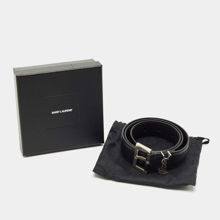 Pre Owned Saint Laurent Black Leather Cassandre Buckle Belt 70CM