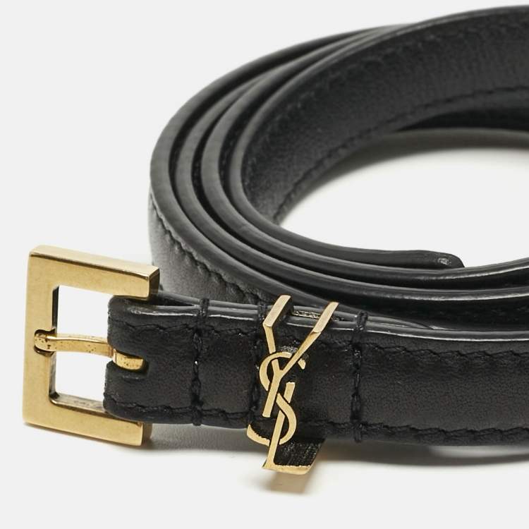 Pre Owned Saint Laurent Black Leather Cassandre Extra Thin Belt 70 CM