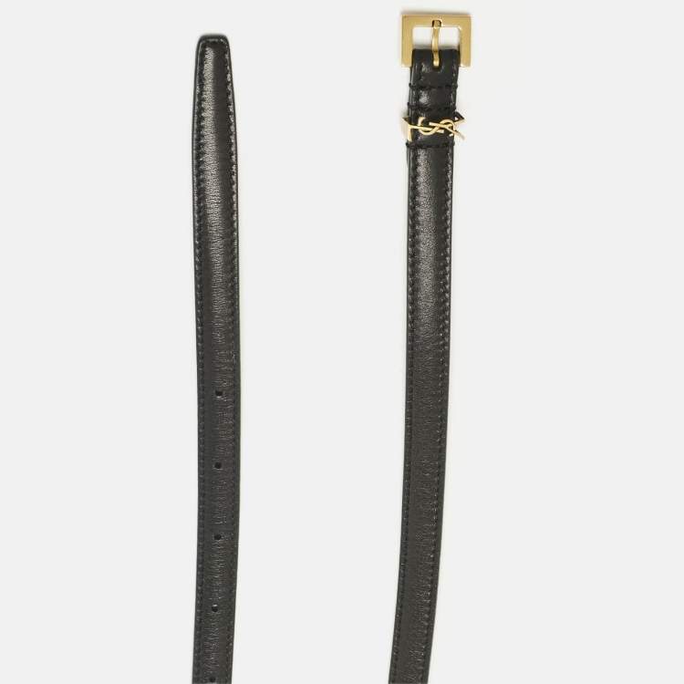 Pre Owned Saint Laurent Black Leather Cassandre Extra Thin Belt 70 CM