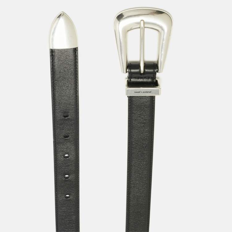 Pre Owned Saint Laurent Black Leather Folk Buckle Belt 70 CM