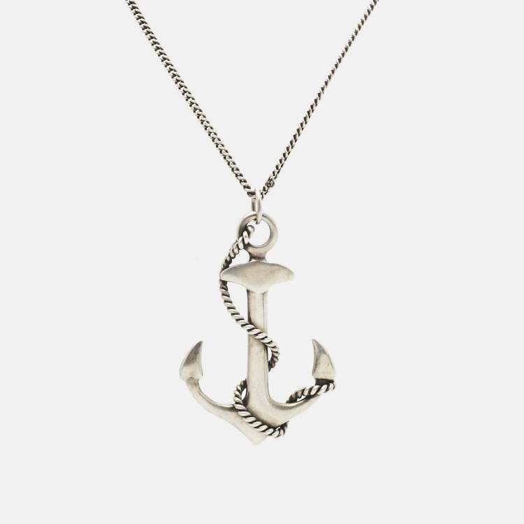 Pre Owned Saint Laurent Paris Anchor Silver Tone Pendant Necklace