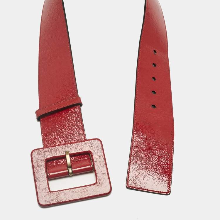 Pre Owned Saint Laurent Red Patent Leather Buckle Waist Belt 80CM