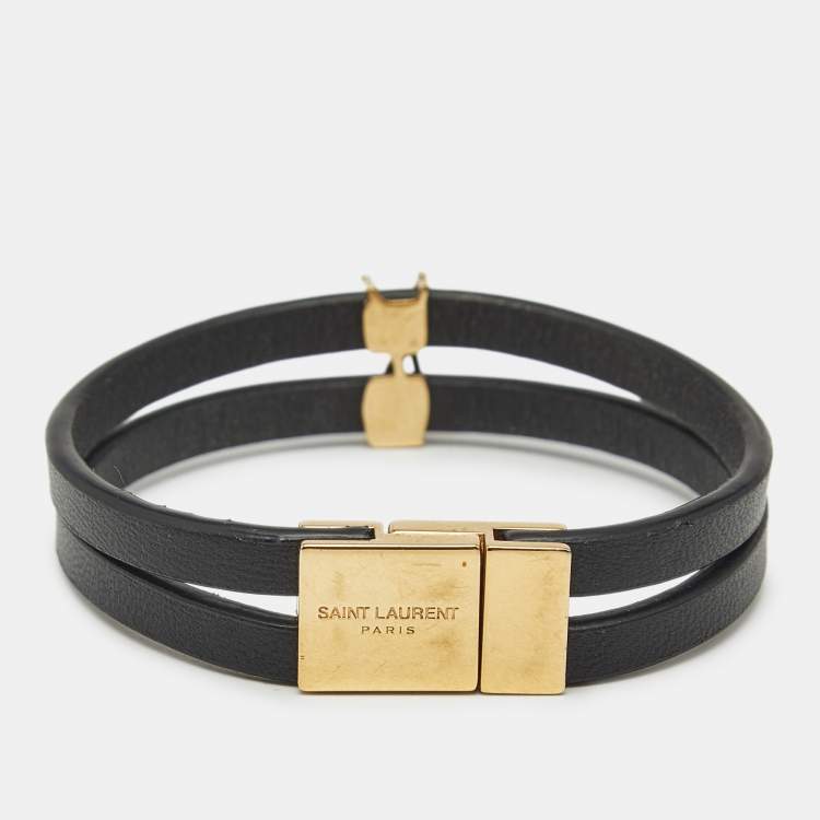 Pre Owned Saint Laurent Cassandre Leather Gold Tone Bracelet