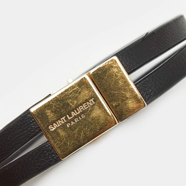 Pre Owned Saint Laurent Cassandre Leather Gold Tone Bracelet
