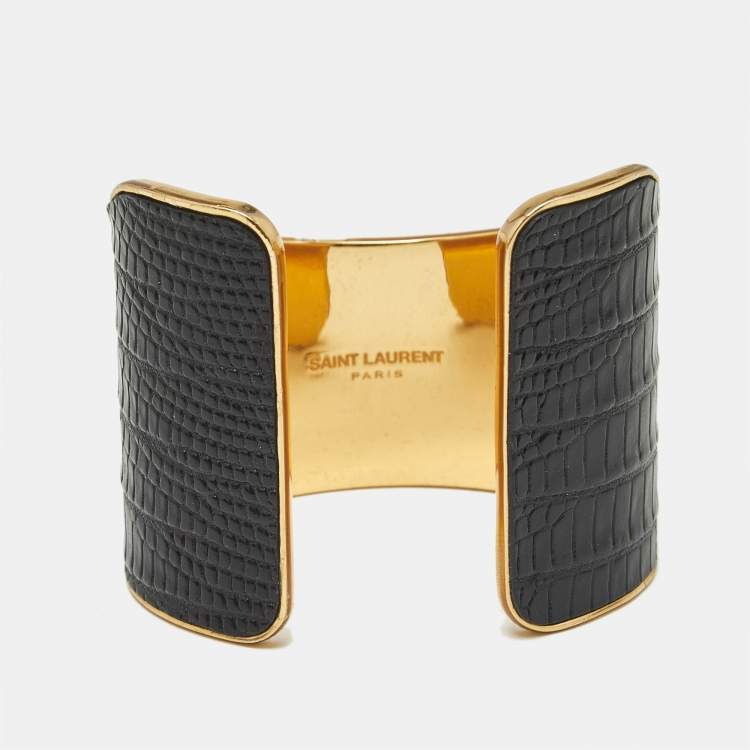 Pre Owned Saint Laurent  Black Leather Gold Tone Bracelet