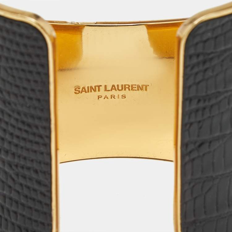 Pre Owned Saint Laurent  Black Leather Gold Tone Bracelet
