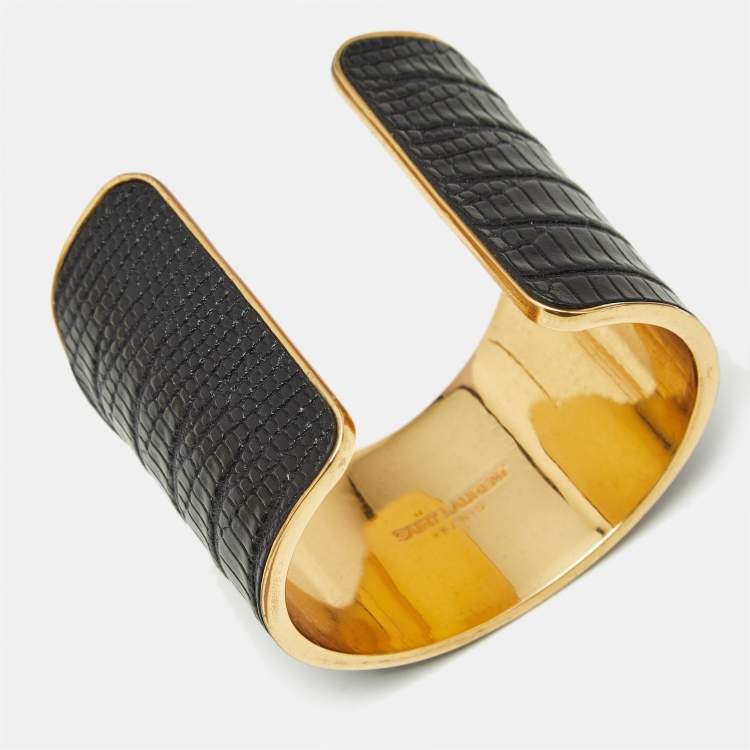 Pre Owned Saint Laurent  Black Leather Gold Tone Bracelet