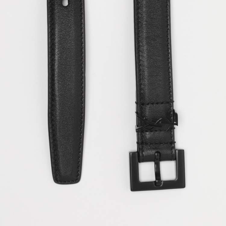 Pre Owned Saint Laurent Black Leather Monogram Skinny Buckle Belt 70CM