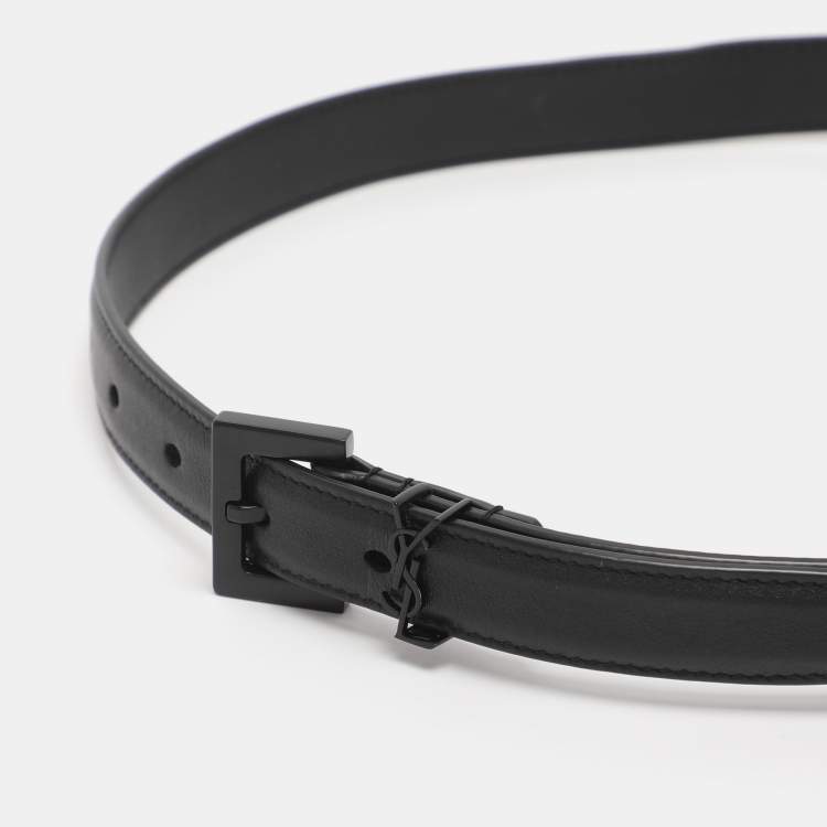 Pre Owned Saint Laurent Black Leather Monogram Skinny Buckle Belt 70CM