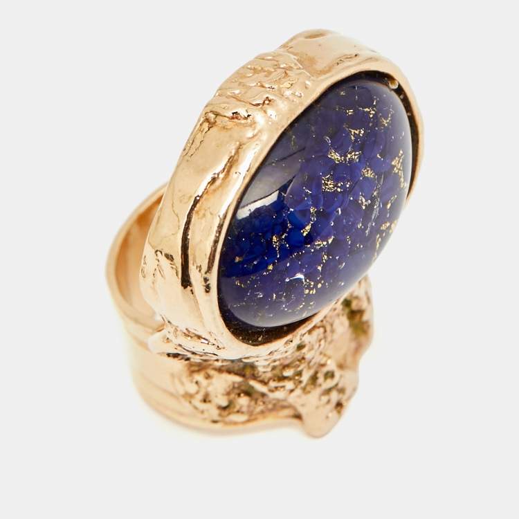 Pre Owned Saint Laurent Paris Blue Arty Glass Rose Gold Tone Ring Size 54