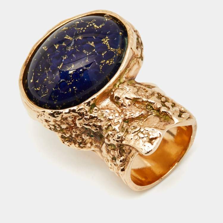 Pre Owned Saint Laurent Paris Blue Arty Glass Rose Gold Tone Ring Size 54