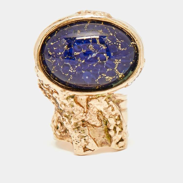 Pre Owned Saint Laurent Paris Blue Arty Glass Rose Gold Tone Ring Size 54