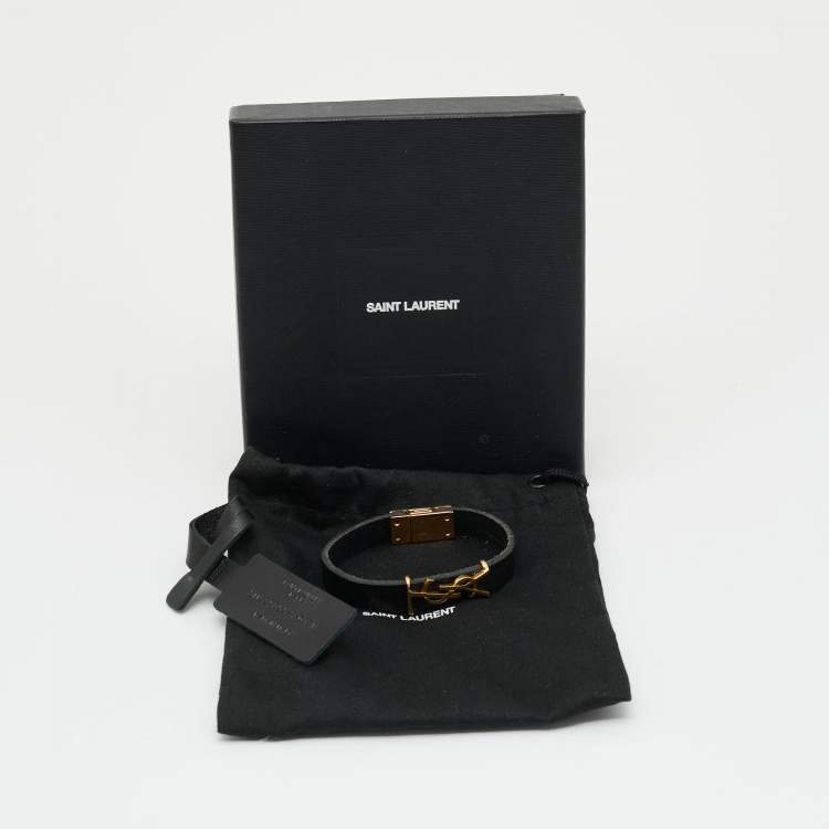 Pre Owned Saint Laurent Opyum Black Leather Gold Tone Bracelet
