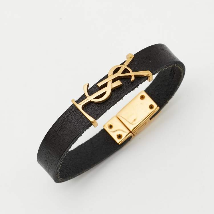 Pre Owned Saint Laurent Opyum Black Leather Gold Tone Bracelet