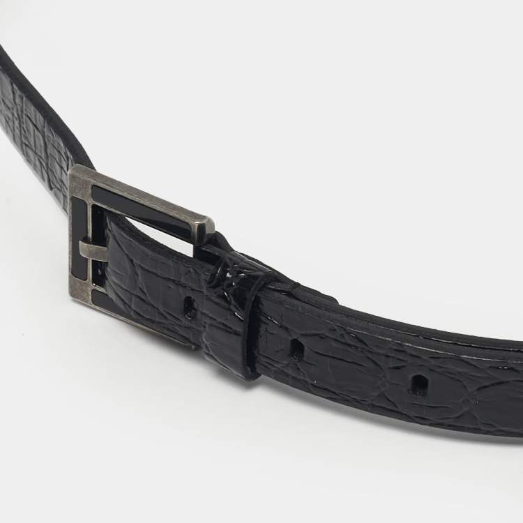 Pre Owned Saint Laurent Buckle Belt Black Crocodile Embossed Leather