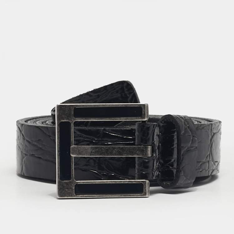 Pre Owned Saint Laurent Buckle Belt Black Crocodile Embossed Leather