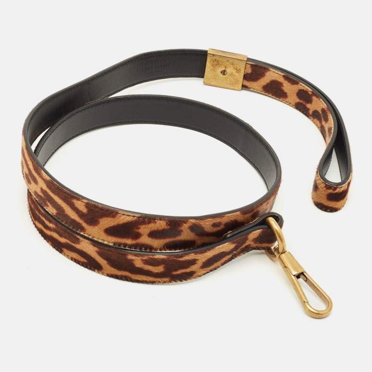 Pre Owned Saint Laurent Brown Leopard Print Calfhair Dog Collar and Leash 