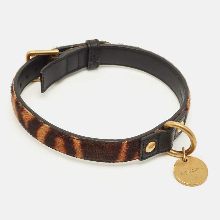 Pre Owned Saint Laurent Brown Leopard Print Calfhair Dog Collar and Leash 