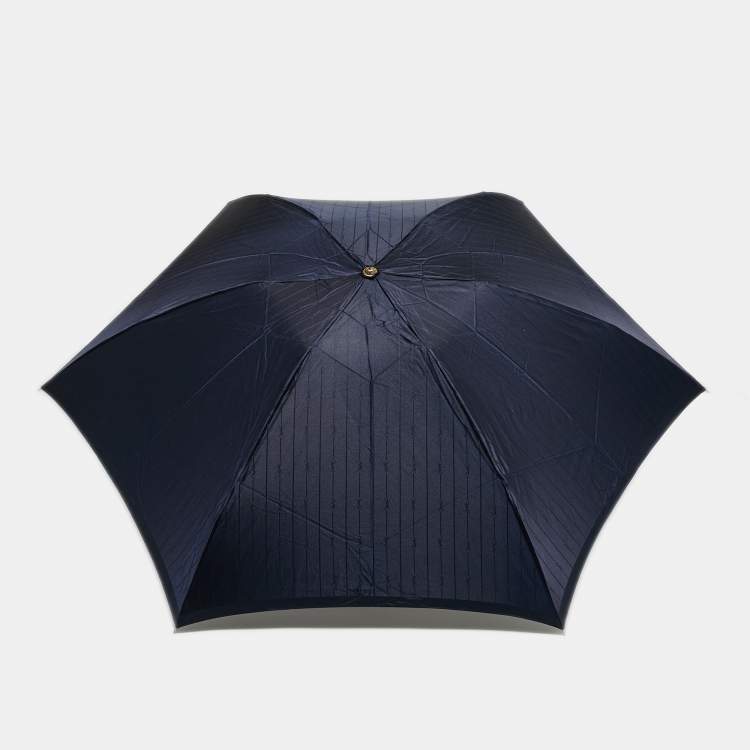 Pre Owned مظلة قابلة للطي سان لوران شعار مقلم أزرق بحري معدن ونيلون