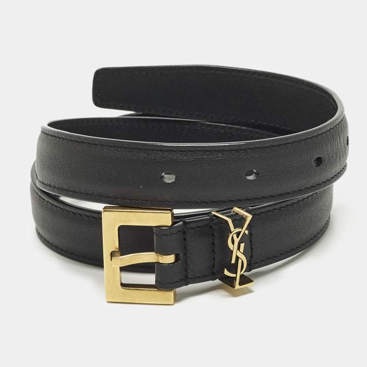 Pre Owned Saint Laurent Cassandre 65 CM Slim Buckle Belt Black Leather