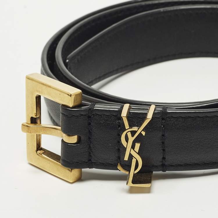 Pre Owned Saint Laurent Cassandre 65 CM Slim Buckle Belt Black Leather