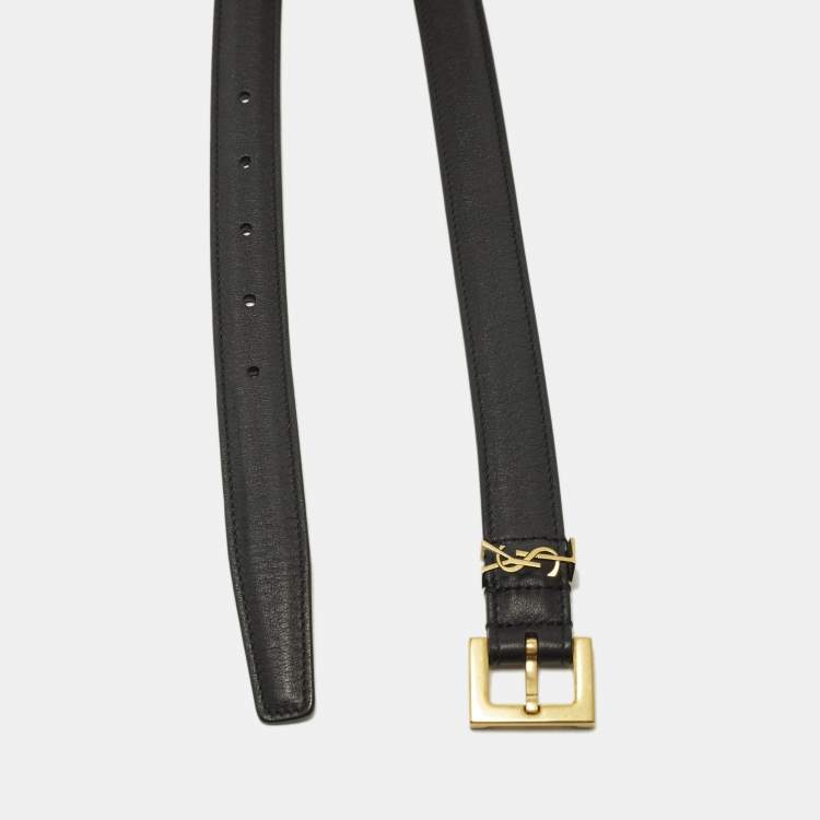 Pre Owned Saint Laurent Cassandre 65 CM Slim Buckle Belt Black Leather
