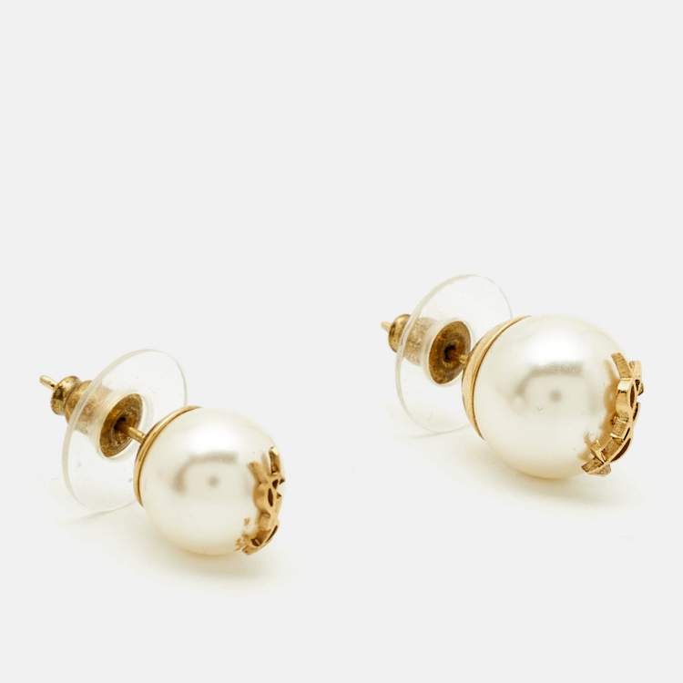 Pre Owned Saint Laurent Logo Faux Pearl Stud Earrings