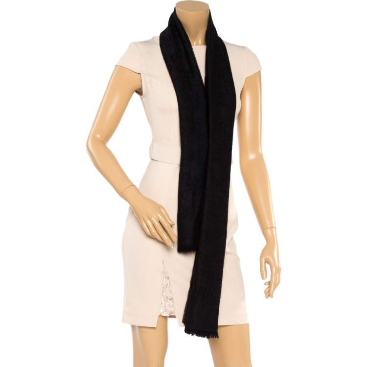 Pre Owned Yves Saint Laurent Black Jacquard Signature Wool Scarf