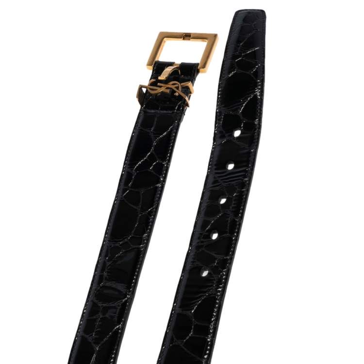 Pre Owned Saint Laurent Black Croc Embossed Patent Leather Monogram Square Buckle Belt 80 CM