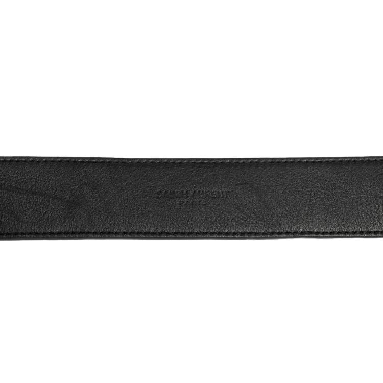 Pre Owned Saint Laurent Black Croc Embossed Patent Leather Monogram Square Buckle Belt 80 CM