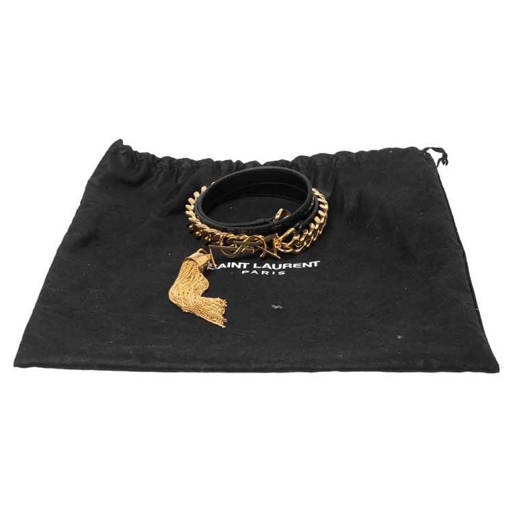 Pre Owned Saint Laurent Black Leather Monogram Tassel Chain Belt