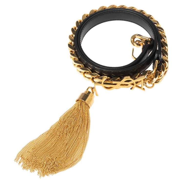 Pre Owned Saint Laurent Black Leather Monogram Tassel Chain Belt