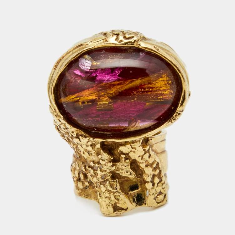 Pre Owned Yves Saint Laurent Multi Color Glass Cabochon Arty Gold Tone Ring Size 53