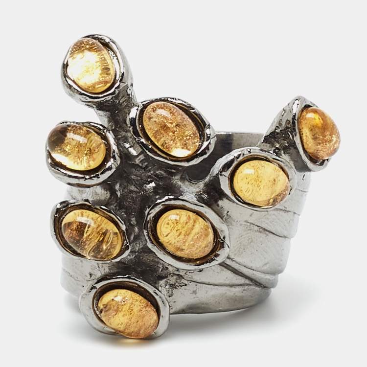 Pre Owned Saint Laurent Paris Arty Dots Glass Gunmetal Tone Ring Size 53