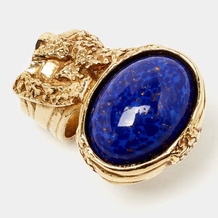 Pre Owned Saint Laurent Arty Glass Cabachon Gold Tone Ring Size 56