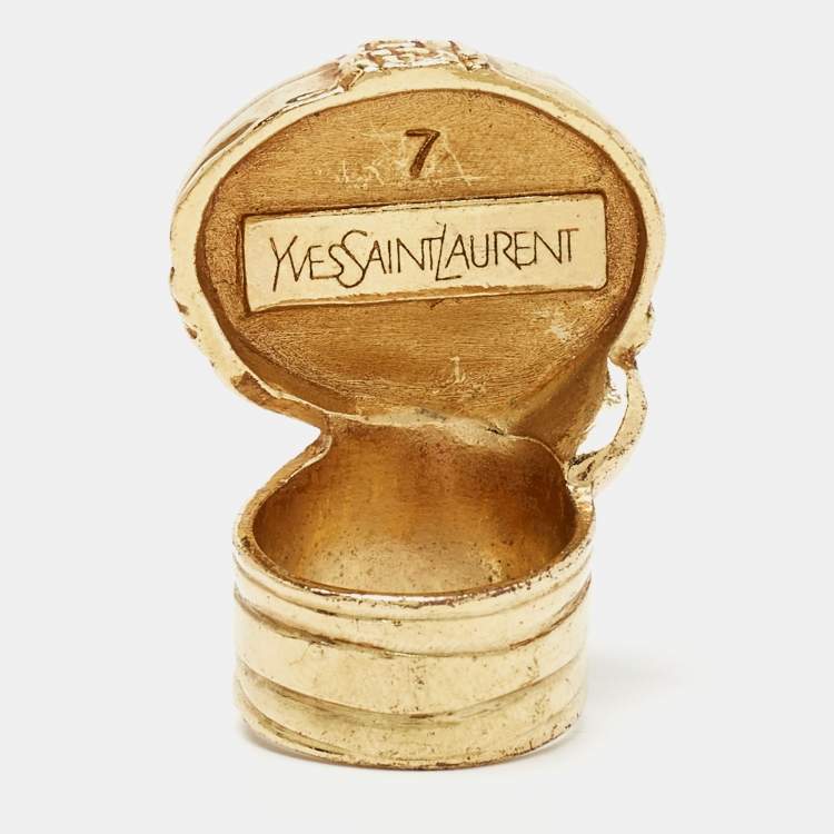 Pre Owned Saint Laurent Arty Glass Cabachon Gold Tone Ring Size 56