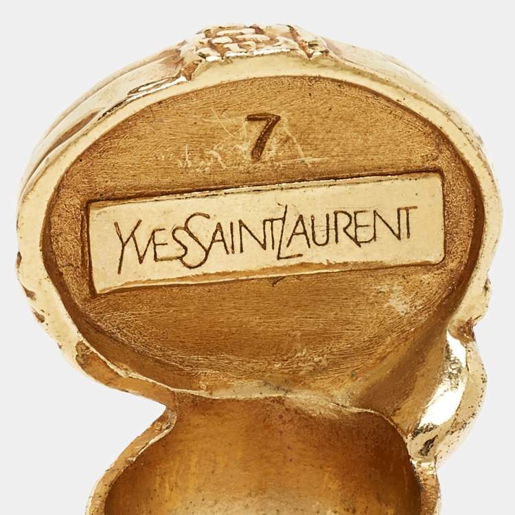 Pre Owned Saint Laurent Arty Glass Cabachon Gold Tone Ring Size 56