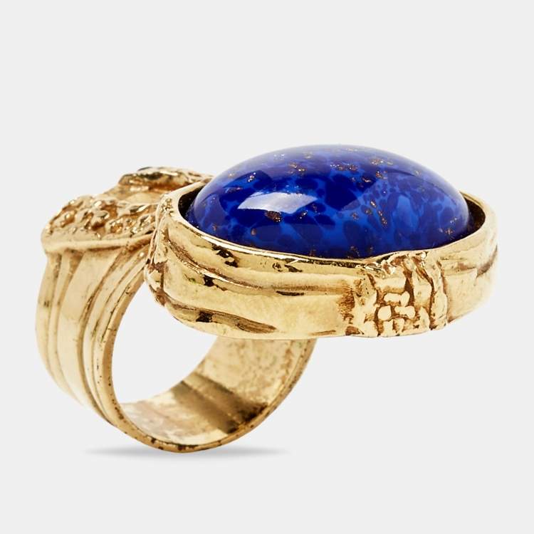 Pre Owned Saint Laurent Arty Glass Cabachon Gold Tone Ring Size 56
