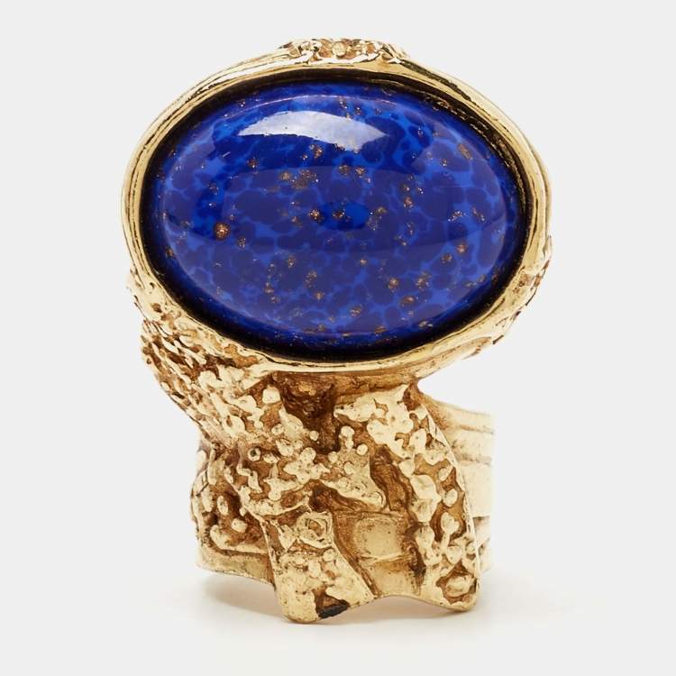 Pre Owned Saint Laurent Arty Glass Cabachon Gold Tone Ring Size 56