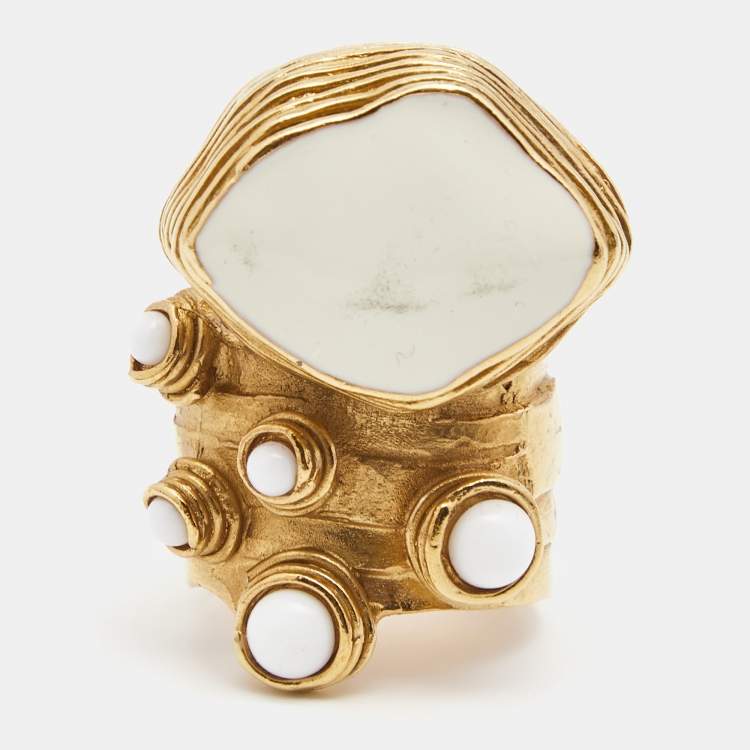 Pre Owned Saint Laurent Arty Enamel Glass Gold Tone Ring Size 55