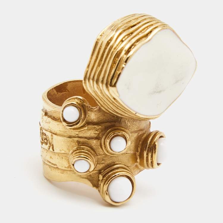 Pre Owned Saint Laurent Arty Enamel Glass Gold Tone Ring Size 55