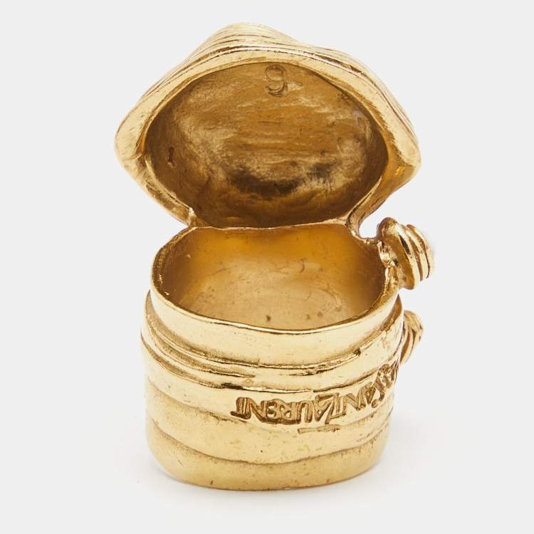 Pre Owned Saint Laurent Arty Enamel Glass Gold Tone Ring Size 55