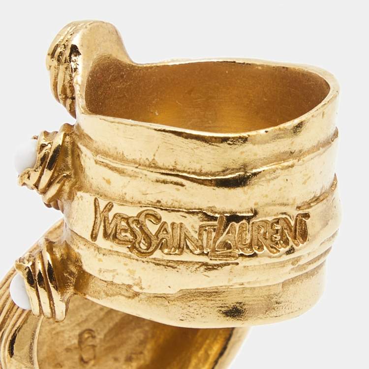 Pre Owned Saint Laurent Arty Enamel Glass Gold Tone Ring Size 55