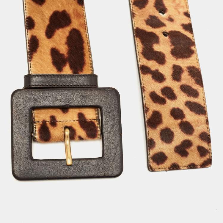 Pre Owned Saint Laurent Brown Leopard Print Calfhair and Leather Wide Buckle Belt 80CM