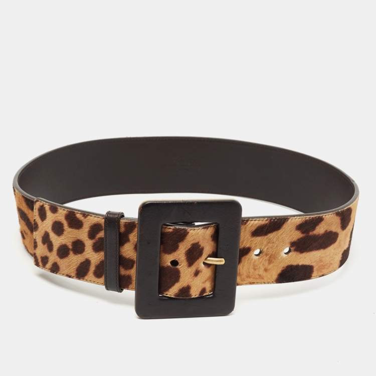 Pre Owned Saint Laurent Brown Leopard Print Calfhair and Leather Wide Buckle Belt 80CM