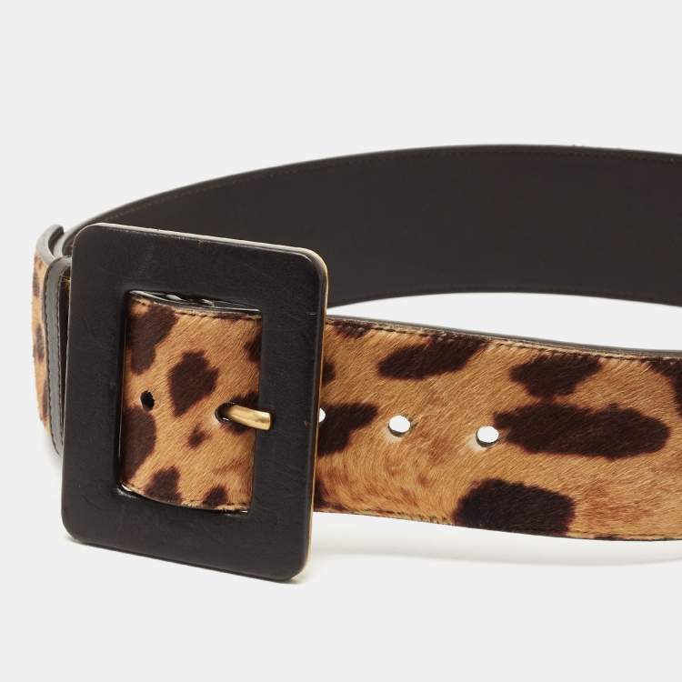 Pre Owned Saint Laurent Brown Leopard Print Calfhair and Leather Wide Buckle Belt 80CM