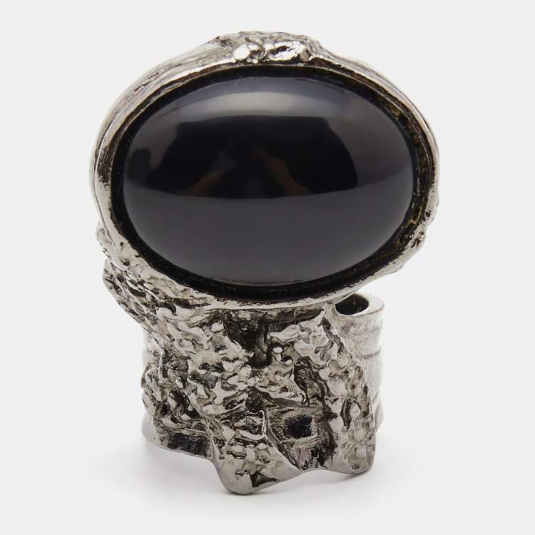 Pre Owned Saint Laurent Arty Glass Gunmetal Tone Ring Size 55