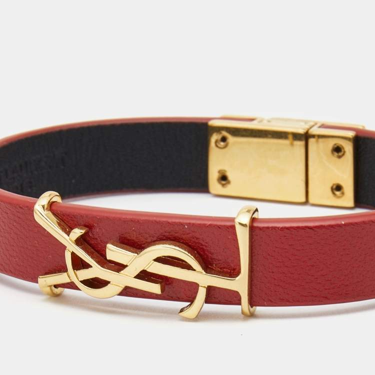 Pre Owned Saint Laurent Opyum Leather Gold Tone Bracelet