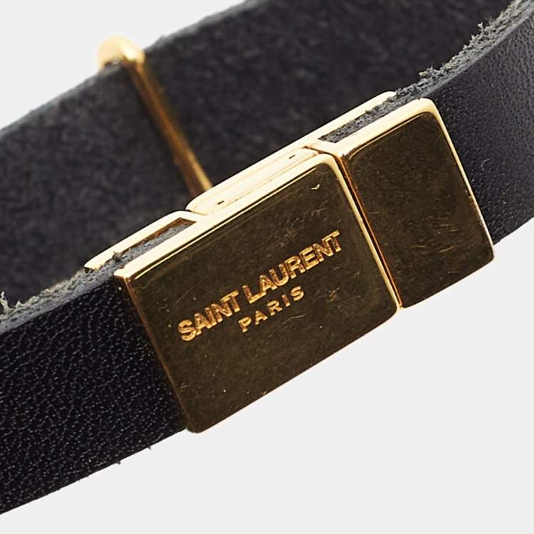 Pre Owned Saint Laurent Opyum Black Leather Gold Tone Bracelet